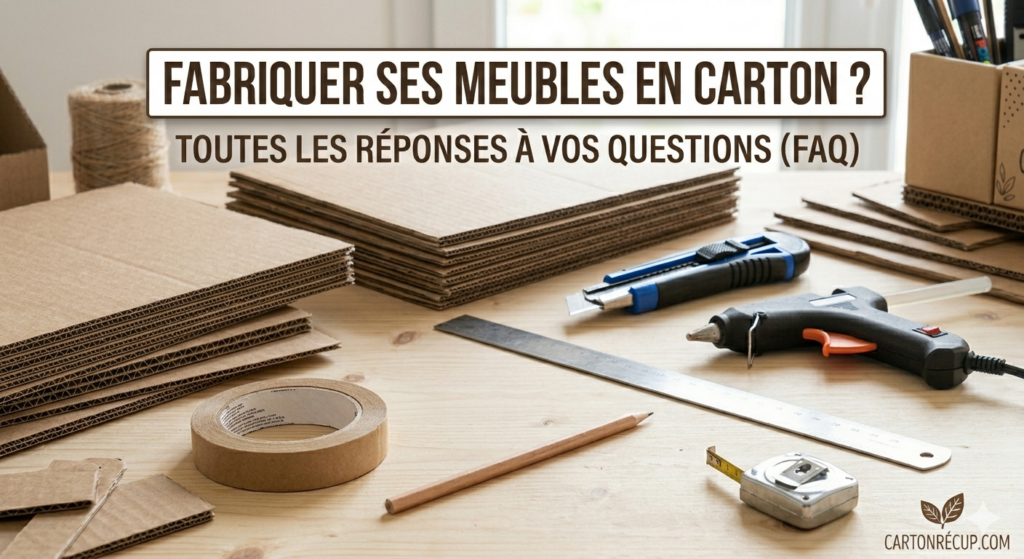 Une table de chevet artisanale en carton décorée de motifs bleus et dorés, posée à côté d'un lit dans une chambre lumineuse. En premier plan, des plaques de carton ondulé et du matériel de bricolage. Texte superposé : "Un meuble en carton... Vraiment solide ? Découvrez la réponse dans notre FAQ spécial débutant sur cartonrecup.com".