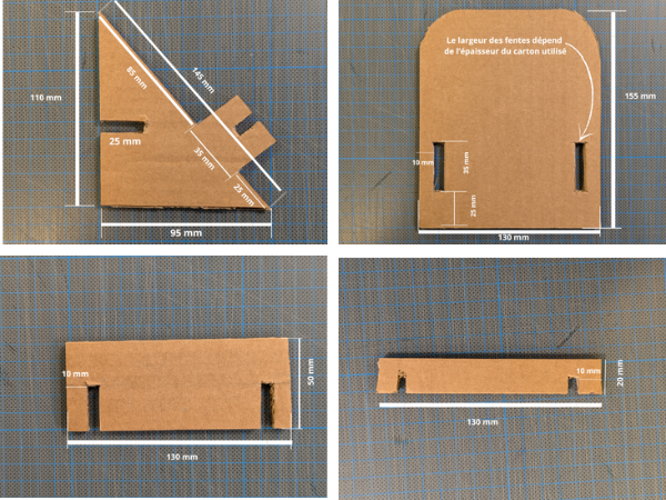 les différentes pièces en carton pour le supporte téléphonique.